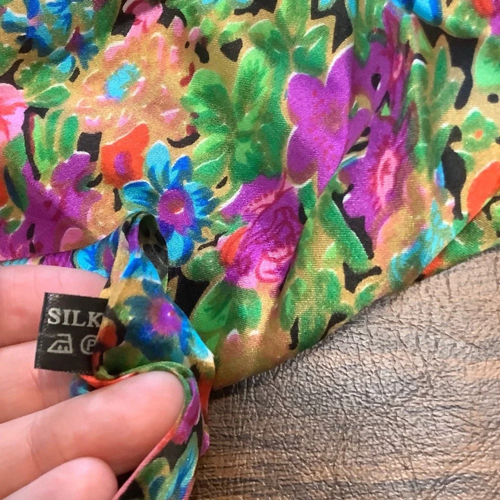 Vintage 100% Silk Floral Scarf Multicolor Botanical Print Fringe Trim Wrap 74x22
